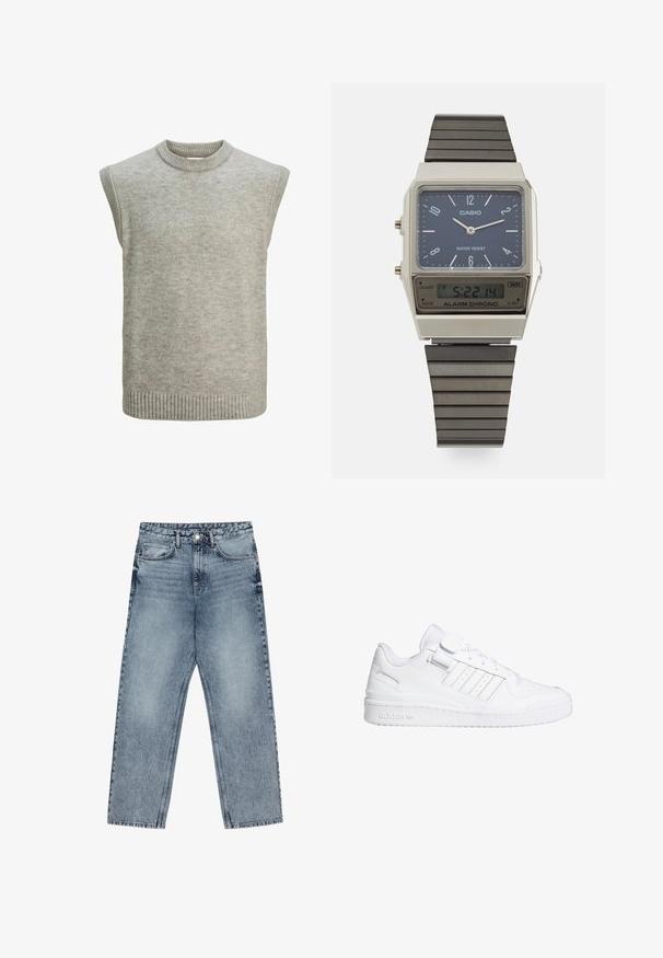 Lys grå strikket ærmeløs sweater vest med ribbet rund hals, armhuler og kant.; Lysblå denim jeans med lige ben, synlig syning, fem lomme-design og knaplukning ved taljen.; Hvide atletiske sneakers med en glat læderoverdel, perforeret tå, tre stribede detaljer og en velcrorem. Gummisål med branddetalje.; Casio digitalur med en blå urskive, sølvgehus og lagdelt sort gummirem. Viser tidspunkt og alarmindstillinger. Vandafvisende.