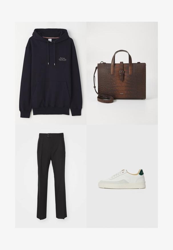 Navy blue hoodie featuring a front pocket, drawstrings, and small white text detailing the brand and address. Made from soft fabric.; Black tailored trousers featuring a straight leg design, two front pockets, and a double-button closure at the waistband. Smooth fabric texture.; White sneaker with suede accents, rounded toe, flat laces, and a cream rubber sole. Features green branding on the heel.; Brown crocodile-embossed leather handbag with top handles and a detachable shoulder strap. Features a buckle closure and rectangular shape.