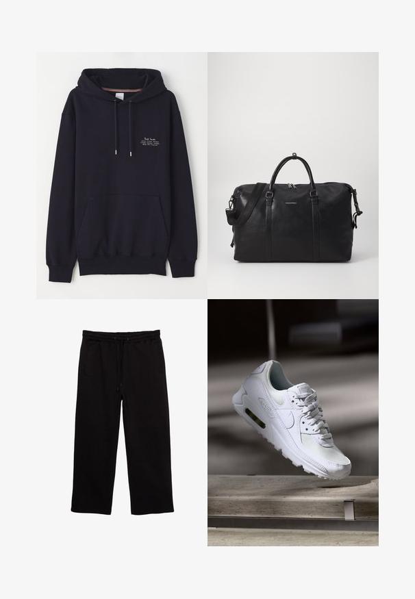 Granatowy hoodie z przednią kieszenią, sznurkami do regulacji i małym białym napisem z informacjami o marce i adresie. Wykonany z miękkiego materiału.; Czarne dresy wykonane z miękkiego materiału, z elastycznym pasem z sznurkiem, dwoma bocznymi kieszeniami i luźnym krojem.; Białe sneakersy Nike Air Max 90 z siateczkowym i skórzanym wierzchem, perforowanym czubkiem oraz widoczną jednostką Air w pięcie.; Czarna skórzana torba sportowa z podwójnymi uchwytami, odpinanym paskiem, zamkiem błyskawicznym i subtelnym logo. Gładka faktura i minimalistyczny design.