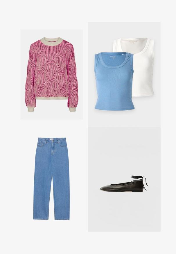 Pieces PCJENNA O NECK - Vesta - whitecap gray/festival fuchsia; Dva rebrasta topa: jedan svijetlo plave boje i jedan bijeli. Oba imaju okrugli izrez i usku siluetu, naglašavajući teksturu tkanine.; Svijetloplave traperice ravnog kroja, s dizajnom od pet džepova, zatvorenjem na jedan gumb i suptilnim detaljima šivanja na šavovima.; Crne kožne baletanke s oštrim prstom, vezanjem oko članaka i ravnim potplatom, s glatkom teksturom i minimalističkim dizajnom.