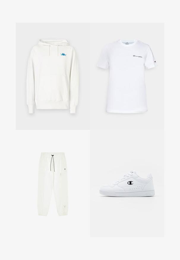 Weißer Hoodie mit einem standardmäßigen Schnitt, Kordelzugkapuze, Kängurutasche und einem blauen Kappa-Logo auf der linken Brust, aus weichem Material.; Weißes Baumwoll-T-Shirt mit rundem Halsausschnitt, kurzen Ärmeln und schwarzem gesticktem "Champion"-Logo auf der Brust und am Ärmel.; Weiße, leichte Jogginghosen mit elastischem Bund und Kordelzug. Ausgestattet mit schmal zulaufenden Bündchen und Seitentaschen. Verziert mit einem schwarzen Logo.; Weißes sportliches Sneakerpaar mit glattem, synthetischen Obermaterial, schwarzem Logo-Akzent und perforierten Details an der Seite. Gummisohle.