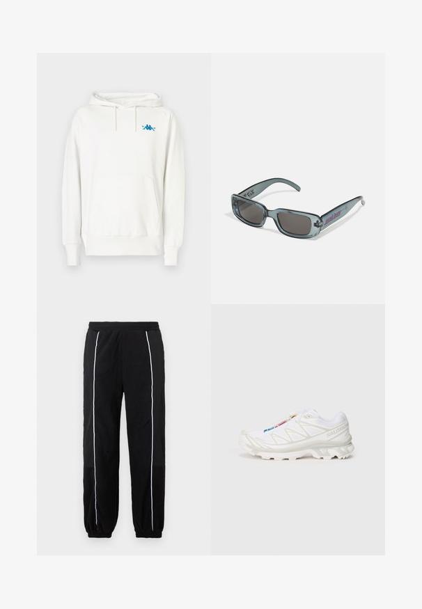 Vit hoodie med standard passform, snörning i huvan, kenguruficka och en blå Kappa-logga på vänstra bröstet, tillverkad av mjukt tyg.; Svarta joggingsbyxor med vita sidostripes, elastisk midja och mudd. Tillverkade av mjukt, texturerat tyg för komfort och flexibilitet.; Vit träningssko med texturerad mesh-övre, reflexdetaljer och en dämpad sula. Framträdande varumärkeslogotyp på sidan.; Santa Cruz INFERNO UNISEX - Solglasögon - crystal black