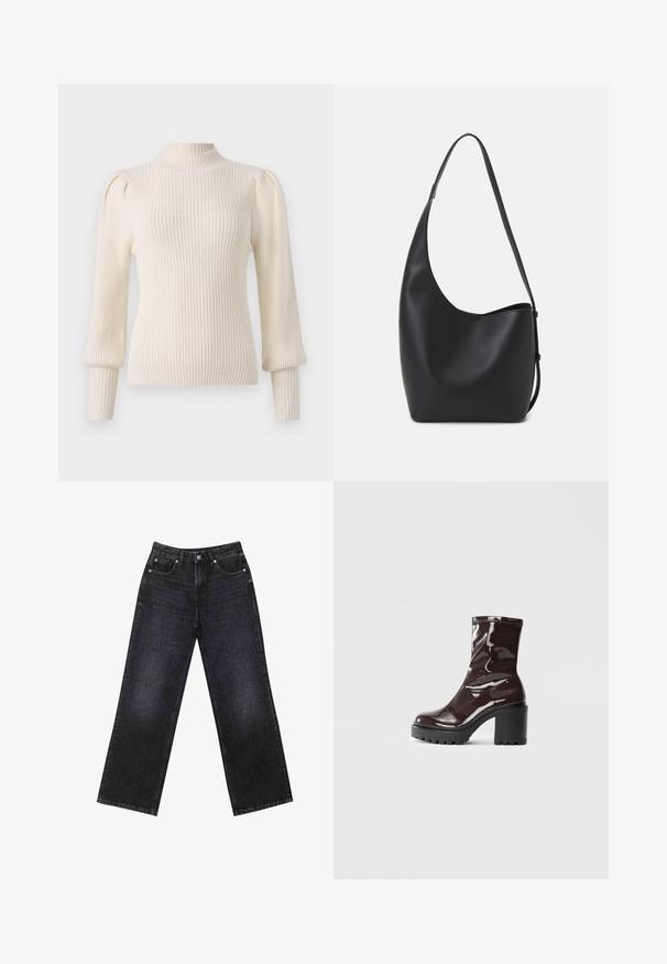 Helles Cremefarbenes, geripptes Strickoberteil, mit hohem Kragen, figurbetontem Schnitt, puffärmeligen Ärmeln und schmal zulaufenden Bündchen, mit weicher Textur und leichtem Stretch.; Hoch taillierte schwarze Jeans aus Denim mit weitem Bein, Fünf-Taschen-Design und sichtbaren Nähten. Der Stoff hat eine glatte, leicht strukturierte Oberfläche.; Glatte bordeauxrote Ankle Boots mit einem klobigen schwarzen Absatz, die eine glatte Oberfläche und ein einfaches Design aufweisen. Keine sichtbaren Verschlüsse oder Muster.; Schwarze Leder-Hobo-Tasche mit einer glatten Textur, geschwungener Form und einem einzelnen verstellbaren Tragegurt; verfügt über eine weite Öffnung am oberen Ende.