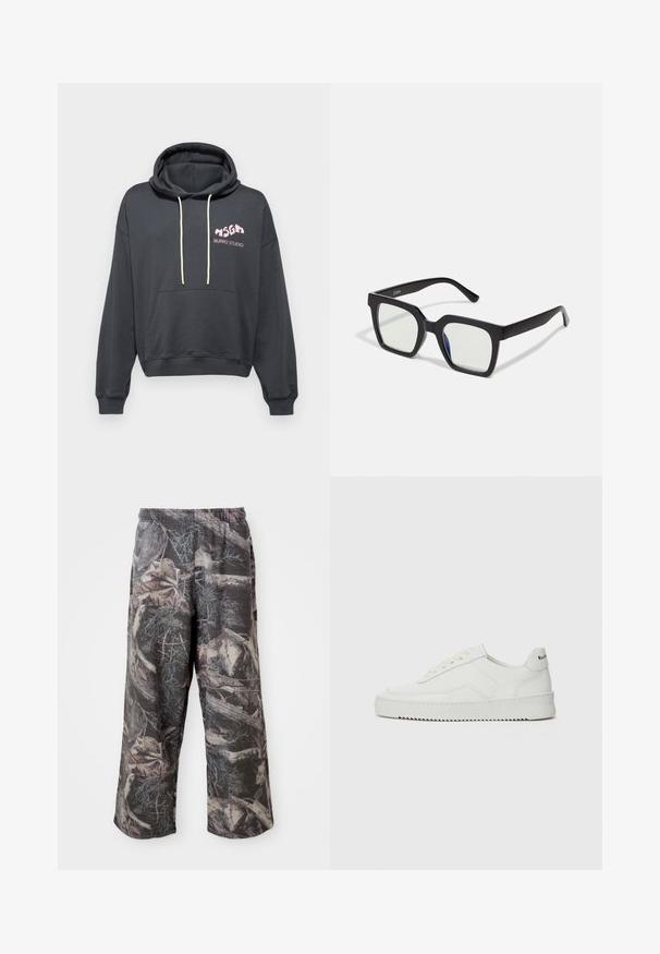 Tumši pelēks sporta krekls ar priekšējo kabatu, regulējamu kapuci un rozā "BURRO STUDIO" logotipu. Mīksta auduma, ikdienišķs griezums.; Kleitas wide-leg bikses ar kamuflāžas rakstu, pelēko un brūno toņu gamma, elastīga josta un brīva piegriezuma, lai nodrošinātu komfortu un kustību brīvību.; Baltas ādas sneakers ar gludu virsmu, apaļu pirkstu daļu, plakaniem šņorēm un teksturētu zoli. Satur diskrētu logotipu uz papēža.; Melnas kvadrātveida saulesbrilles ar matētu apdari, kurām ir caurspīdīgi objektīvi un viegli zila nokrāsa uz vienas puses. Izturīgs, stūrainais dizains.