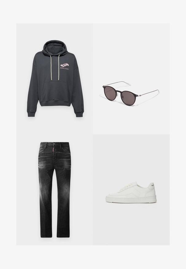 Hoodie gris foncé avec une poche avant, un capuchon avec cordon de serrage et un logo rose "BURRO STUDIO". Tissu doux avec une coupe décontractée.; Jean en denim noir avec une coupe droite. Présente des zones décolorées, un léger effet usé, un design classique à cinq poches et une fermeture à bouton.; Baskets en cuir blanc avec une finition lisse, bout arrondi, lacets plats et semelle texturée. Présente un logo discret sur le talon.; Lunettes de soleil noires rondes avec verres sombres et branches en métal fines. Comprend des embouts transparents et des accents argentés au niveau de la charnière. Design minimaliste.