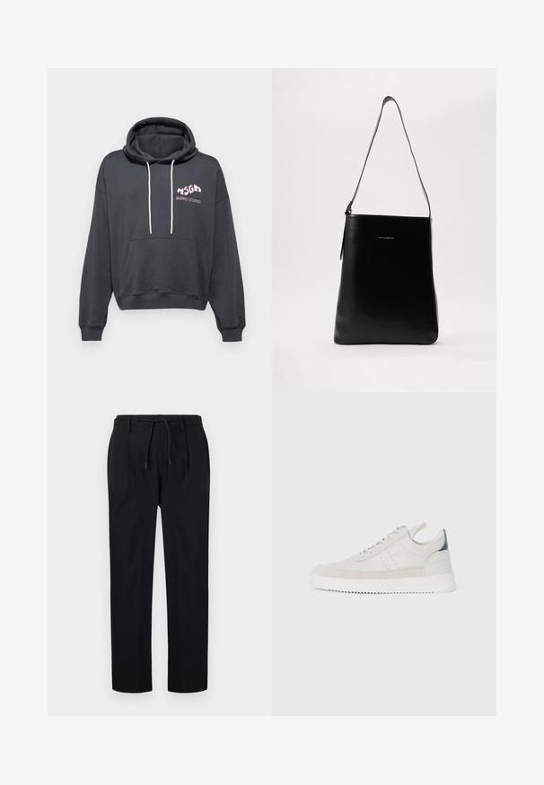 Tumehall kapuutsiga sviiter, millel on ees tasku, tõmbluku kapuuts ja roosa "BURRO STUDIO" logo. Pehme materjal ja mugav lõige.; Mustadest siledast kangast püksid, millel on nööriga vöökoht, sirged sääred ja esiõmblused, mis loovad struktureeritud väljanägemise.; Valged nahkstennised hallide seemisnahast detailidega, paeltega sulgemine, tõmmetab, ning reljeefne kummisoont, millel on siksakmuster.; Mustast nahast õlakott, millel on sile tekstuur, ristkülikuline kuju ja pikk rihm; keskel on väike valge logo.