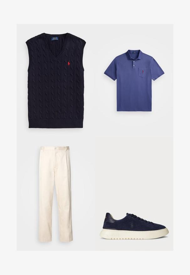 Polo Ralph Lauren CABLE-KNIT COTTON SLEEVELESS JUMPER - Maglione - hunter navy; Polo shirt viola realizzato in cotone, con una patta a tre bottoni, maniche corte e una tasca sul petto con un ricamo del logo rosso.; Pantaloni in cotone beige con taglio dritto, dotati di chiusura a bottone e pence sul davanti per un tocco di dettaglio in più.; Sneaker bassa in suede blu navy con superficie testurizzata, suola in gomma e lacci tonali, caratterizzato da un piccolo logo sul lato e sul tallone.