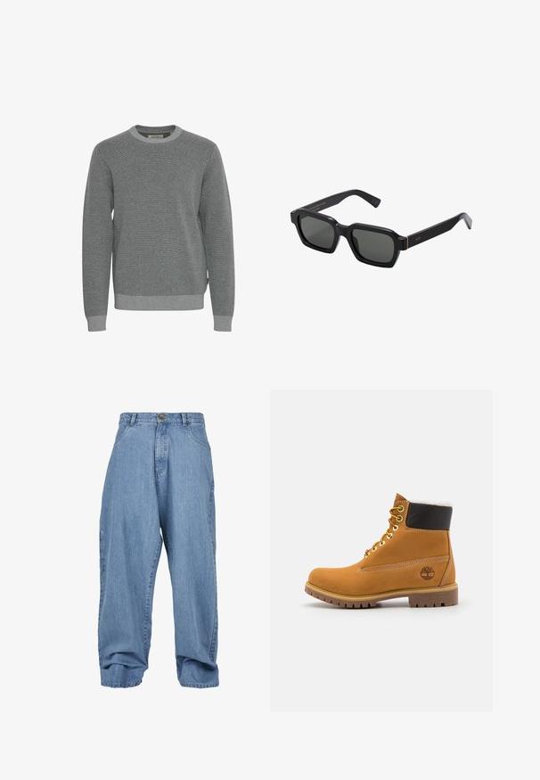 Pelēks adīts džemperis ar apaļu kakla izgriezumu, garām piedurknēm un ribotiem piedurknēm. Raksturīga struktūrizēta auduma un smalka raksta klātbūtne visā džemperī.; Gai zili džinsi ar brīvu piegriezumu, pogu aizdari, priekšējām kabatām un sagūstītu apakšmalu, ar klasisko piecu kabatu dizainu.; Brūni ādas potītes zābaki ar metāla acīm, balto kažokādu oderi, melnu mīkstinātu apkakli, izturīgu zoli un iegravētu logo sānos.; Melnas, kvadrātveida saulesbrilles ar pelēkiem stikliem. Biezas plastmasas kājas ar zelta akcentiem un zīmola nosaukumu uz kājas. Gluda tekstūra.