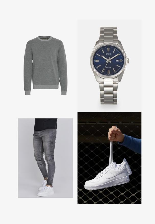 Pulover gri din tricot cu guler rotund, mâneci lungi și manșete din tricot. Dispune de un material texturat și un model subtil pe întreaga suprafață.; Blugi skinny din denim gri estompat, cu detalii uzate la genunchi, asortați cu adidași albi. Textură netedă, design slim fit.; Adidași albaștri din piele cu perforații, vârf rotund, talpă plată și șireturi groase, cu un logo swoosh vizibil și cu inscripția "AIR" pe toc.; Ceas de mână din oțel inoxidabil argintiu cu un cadran albastru marin, marcaje orare metalice și o fereastră pentru dată la ora 3. Rezistent la apă până la 50 de metri.