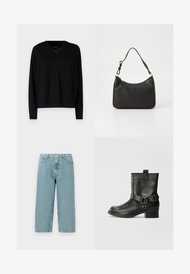 Repeat Maglione - black; Shorts in denim azzurro chiaro con vita alta, taglio dritto e orlo grezzo. Presentano una chiusura classica con bottone e zip, quattro tasche.; Samsøe Samsøe SABRENTA - Stivaletti texani / biker - black; Borsa a tracolla in pelle nera con forma curva, una tracolla singola, chiusura con zip e marchio discreto sul fronte. Texture liscia, design minimalista.