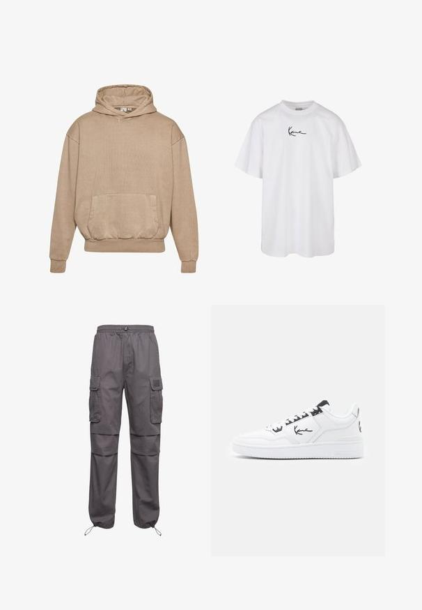 Hanorac bej fabricat dintr-un material texturat, cu un buzunar în față, manșete și tiv cu model în relief. Prezintă o glugă cu șnur și o croială lejeră.; Tricou alb din bumbac, cu guler rotund și mâneci scurte, având un logo brodat negru centrat pe piept.; Pantaloni cargo gri confecționați dintr-un material ușor, cu mai multe buzunare laterale și mansete reglabile pentru o potrivire personalizabilă.; Tenis alb din piele cu accente negre, având un logo distinctiv pe lateral, vârf rotund și talpă din cauciuc texturat.