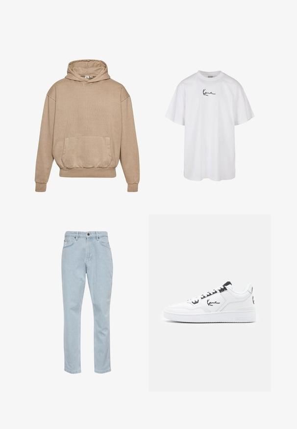 Beige kapucnis pulóver texturált anyagból, elülső zsebbel, bordás mandzsettákkal és hem. Húzózsinóros kapucnival és lazán illeszkedő fazonnal rendelkezik.; Fehér pamut póló kerek nyakkivágással és rövid ujjakkal, a mellkasán középen elhelyezett fekete hímzett logóval.; Világoskék farmernadrág egyenes szabással, öt zsebbel és fém gombos zárással. SimA textúra és enyhe kopási részletek.; Fehér bőr sportcipő fekete akcentusokkal, oldalon található jellegzetes logóval, kerek orral és textúrált gumitalppal.