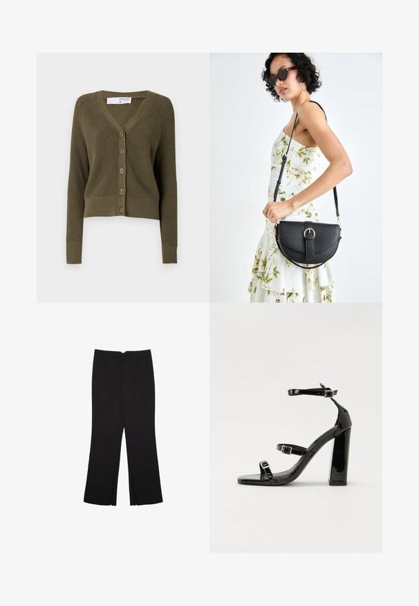 Olivovo zelený pruhovaný cardigán s V-výstrihom, zapínaním na gombíky a dlhými rukávmi. Látka má textúrovaný pletený vzor a obtiahnutý lem.; Čierne nohavice so strihom rovného strihu, s prednými vreckami a bočnými rozparkami na leme. Vyrobené z mäkkej, hladkej tkaniny. Vhodné na rôzne príležitosti.; Čierne lakované sandále na vysokom opätku s dvoma prackami, štvorcovou špičkou a hrubým blokovým opätkom, s hladkou, lesklou textúrou.; Čierna kožená kabelka s zaobleným tvarom, odnímateľným popruhom a zlatými doplnkami. Kabelka má klopu s detailom s prackou.