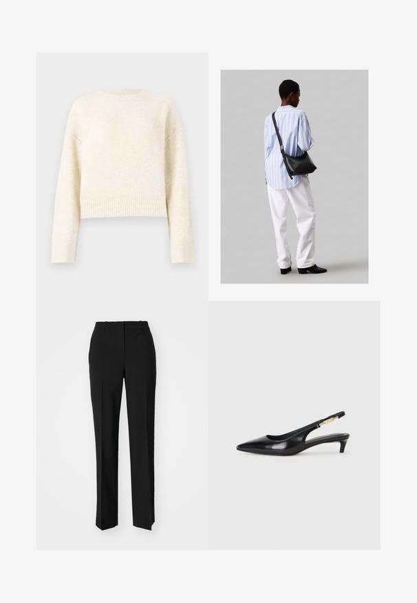 Krēmkrāsas īsais džemperis no mīksta, teksturēta auduma. Piedāvā apaļu izgriezumu un ribotās aproces ar nokareniem pleciem, nodrošinot brīvu piegriezumu.; Melnas pielāgotas bikses ar taisnu kāju dizainu, kas raksturojas ar gludu faktūru un asiem krokām pa priekšu. Nav redzamu metāla detaļu.; Melnas ādas slingback zābaki ar smailu purngalu, ar šauru papēdi un zelta krāsas akcentu uz regulējama siksniņas. Gluda tekstūra.; Melna ādas plecu soma ar mīkstu tekstūru, trīsstūra formu un regulējamu siksnu, apvienota ar gaiši zilu svītrotu krekli un baltām biksēm.