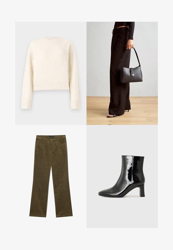 Kremna skrajšana pulover v mehkemu, teksturiranem materialu. Ima okroglo izreznico in rebraste manšete s spuščenimi rameni za sproščen kroj.; Olivno zelene kordurojske hlače s razširjenimi hlačnicami, petimi žepi, vidno šivano in gumbom na pasu za varen oprijem.; Črne lakirane gležnjarje z ošiljenim nosom in srednje visokim blokastim peto. Gladka tekstura in minimalističen dizajn.; Črna torbica z strukturirano obliko, gladko teksturo in kovinskim zaponko. Ujemajo se z širokimi črnimi hlačami in odprtimi sandali na lesenem tleh.