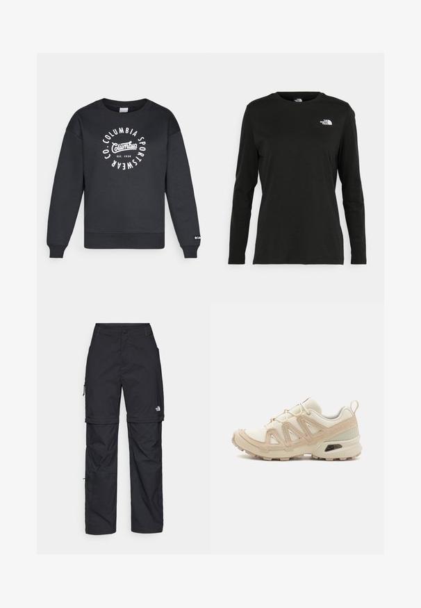 Sudadera negra con cuello redondo, puños y dobladillo de canalé. Presenta un logo blanco circular con el texto "Columbia Sportswear" y la fecha de establecimiento.; Camiseta de manga larga negra de algodón con cuello redondo. Presenta un pequeño logotipo blanco en la parte izquierda del pecho. Diseño y ajuste simples.; Pantalones cargo de nailon negro con cremallera desmontable, puños ajustables, múltiples bolsillos y un logotipo en la pierna derecha. Textura suave y ligera.; Zapatilla deportiva beige y crema con parte superior de malla texturizada, superposiciones de soporte y suela de goma con un patrón de tracción.