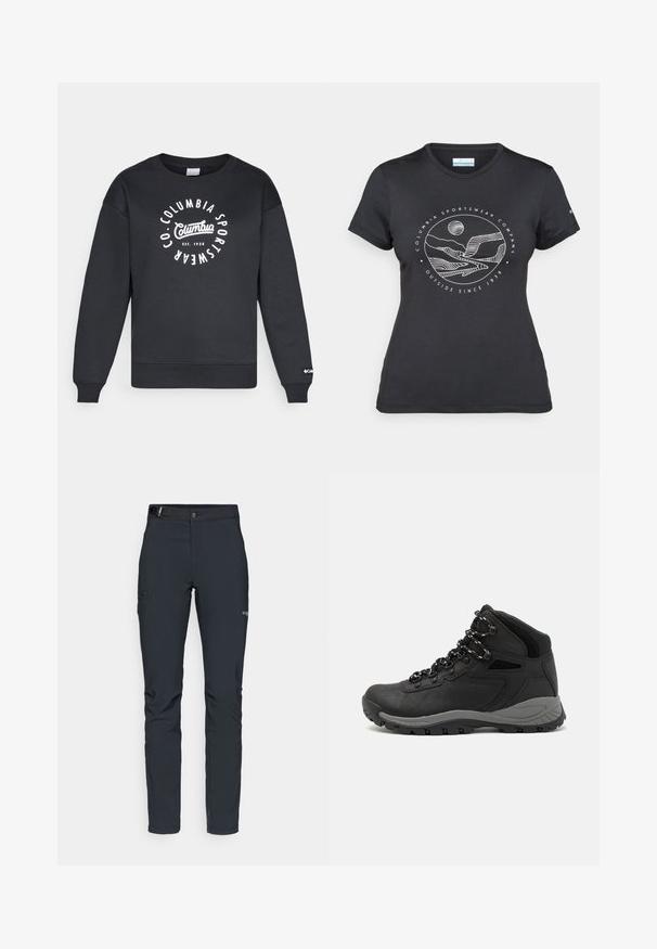 Black sweatshirt with crew neck, ribbed cuffs, and hem. Features a circular white logo with "Columbia Sportswear" text and established date.; Black Columbia t-shirt with white circular mountain and river line art and text "Columbia Sportswear Company Outside Since 1938."; Men's outdoor pants, dark gray, made from flexible material, featuring a belt, zippered pockets, and reinforced stitching.; Black hiking boot with a mid-top design, featuring a textured upper, gray accents, and durable rubber sole with traction lugs.