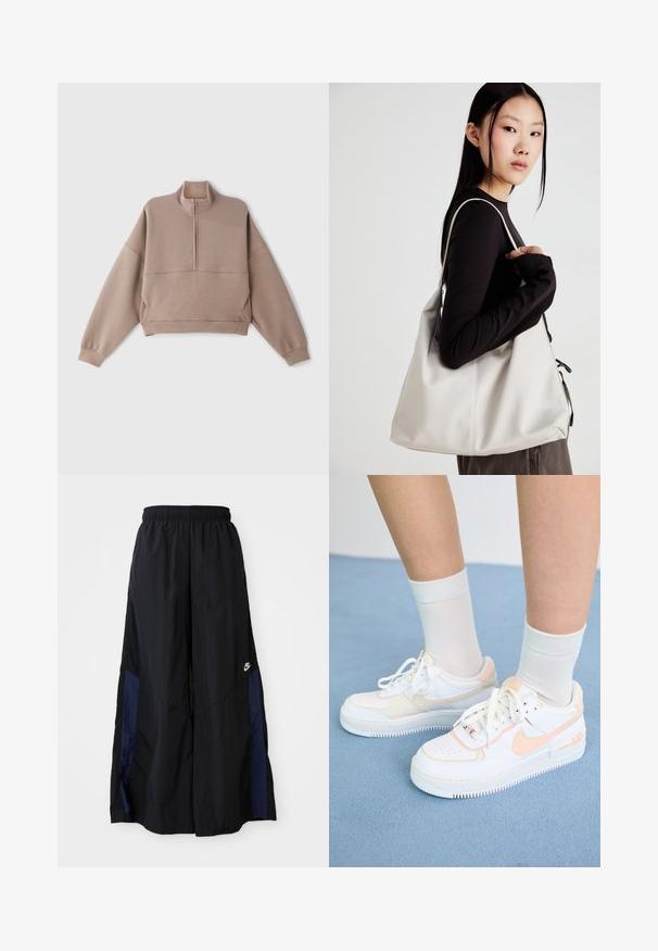 Manga curta em castanho claro, com colarinho de meio zíper, mangas largas e textura suave, acompanhada de uma cintura larga.; Calças largas pretas feitas de tecido leve, com um painel lateral azul-marinho e cintura elástica. Pequeno logótipo branco na parte inferior.; Sapatilhas brancas com detalhes em pêssego, parte superior em couro liso, biqueira perfurada, sola texturizada e atacadores. Usadas com meias brancas até ao tornozelo sobre uma superfície azul.; Uma bolsa bege feita de material macio, com um design descontraído, detalhes de costura e duas alças para o ombro. Adequada para uso diário.