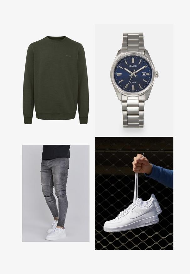 Felpa verde oliva realizzata in tessuto morbido, con scollatura rotonda, maniche lunghe e polsini a coste. Logo "blend" discreto nello stesso colore.; Jeans skinny in denim grigio sbiadito, con dettagli strappati sulle ginocchia, abbinati a sneakers bianche. Texture liscia, design slim fit.; Sneakers in pelle bianca con perforazioni, punta rotonda, suola piatta e lacci spessi, con logo swoosh visibile e "AIR" sul tallone.; Orologio da polso in acciaio inossidabile argento con quadrante blu navy, indici metallici e finestra della data alle 3. Resistente all'acqua fino a 50 metri.