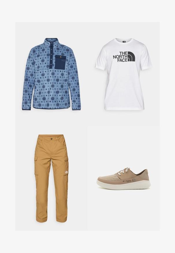 Blauer Fleece-Pullover mit geometrischem Muster, Viertel-Reißverschluss-Kragen und navyfarbigem Taschen. Verfügt über Druckknöpfe und texturierten Stoff.; Weißes Baumwoll-T-Shirt mit einem schwarzen Grafikdruck, der Text und ein geschwungenes Logodesign zeigt. Runder Halsausschnitt und kurze Ärmel. Schlichte Textur.; The North Face EXPLORATION PANTS - Cargohose - utility brown; Beige Leinenschuh mit hellbraunen Lederakzenten, weißen Schnürsenkeln und Perforationen an der Seite, mit einer gepolsterten Sohle.