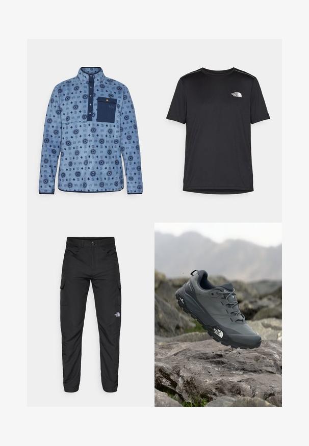 Sinine fliisist pullover, millel on geomeetriline muster, neljandiku lukuga krae ja tume sinine tasku. Omab nööpe ja tekstureeritud kangast.; Must mustaöödiga must T-särk, mis on valmistatud kerge riidekanga. Esiküljel on vasakul rinnal väike valge logo ning õlgadel on peened aktsendid.; The North Face HORIZON PANT - Õuepüksid - black; Hallhalli jooksukingad halli värvi, tekstureeritud ülemise osaga, vastupidava kummist tallaga ja tugevdatud varvaste kattega. Omab paelu ja kaubamärgi logo küljel.