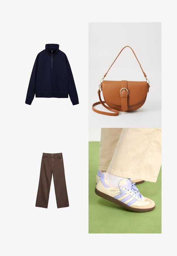 Marineblauer Langarm-Pullover mit hohem Kragen und halbem Frontreißverschluss, gerippten Bündchen und Saum.; Weite braune Jeans aus Denim, mit hoher Taille, Fronttaschen und klassischem Knopfverschluss. Glatte Textur mit feinen Nähten.; Cremefarbene und lavendelfarbene Sneakers mit drei Streifen und einer strukturierten braunen Sohle, ausgestattet mit Schnürsenkeln und einer gepolsterten Ferse. Obermaterial aus weichem Stoff.; Braune Leder-Crossbody-Tasche mit geschwungener Form, goldfarbenen Beschlägen und einer Schnallenakzentuierung. Verfügt über einen abnehmbaren Schultergurt.