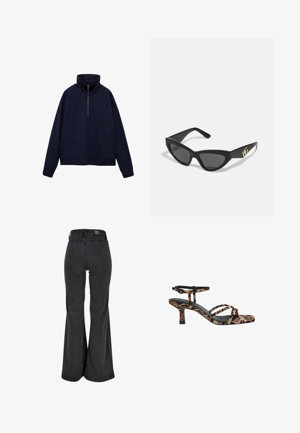 Tmavě modrý svetřík s dlouhým rukávem, vysokým límcem a polo zipem vpředu, s žebrovanými manžetami a lemem.; Černé rozšířené džíny s hladkým povrchem, vysokým pasem a logem na zadní straně. Vyznačují se širokým střihem a zesíleným šitím.; Sandály na podpatku s leopardím vzorem, čtveratou špičkou, více popruhy a středně vysokým podpatkem. Vyrobeno z měkkého textilního materiálu.; Sunglasses ve tvaru kočičích očí s matným černým plastovým rámem, tmavými skly a zlatým logem na stranu. Úhlový design a hladká textura.; Hnědá kožená crossbody taška s logem, zlatým řetízkem, zipovým uzávěrem a zlatými akcenty. Kompaktní a obdélníkový tvar.