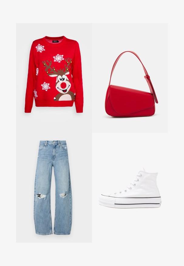 ONLY XMAS BELL LS EX - Trui - red; Lichtblauwe, hooggeritste jeans van denim. Beschikken over wijde pijpen, twee gescheurde knievalken en klassieke vijfzakken styling.; Witte high-top canvas sneakers met een zwarte rubberen zool, een rubberen neuskap aan de voorkant en zes gaatjes voor veters, met een schone, minimalistische uitstraling.; Rode leren handtas met een hoekig, geometrisch ontwerp. Beschikt over een enkele verstelbare schouderriem en een klepclosure met gestikte details.