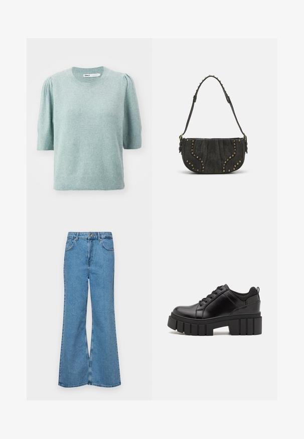 Lys grønn kortermet genser laget av mykt materiale, med rund hals og subtil puffet skulderdesign. Ribbestrikkede mansjetter og nederkant.; Lyseblå vide jeans laget av denim, med høyt liv, fem lommer og en enkelt knappelukking. Myk tekstur med falmet finish.; Svarte lærplattformsko med kraftig blokkhell, rund tå og tradisjonell snøring. Har en jevn tekstur og minimal detaljering.; Svart semsket håndveske med en buet design, med nagle detaljer og en teksturert overflate. Justerbar stropp med nagler langs kanten.