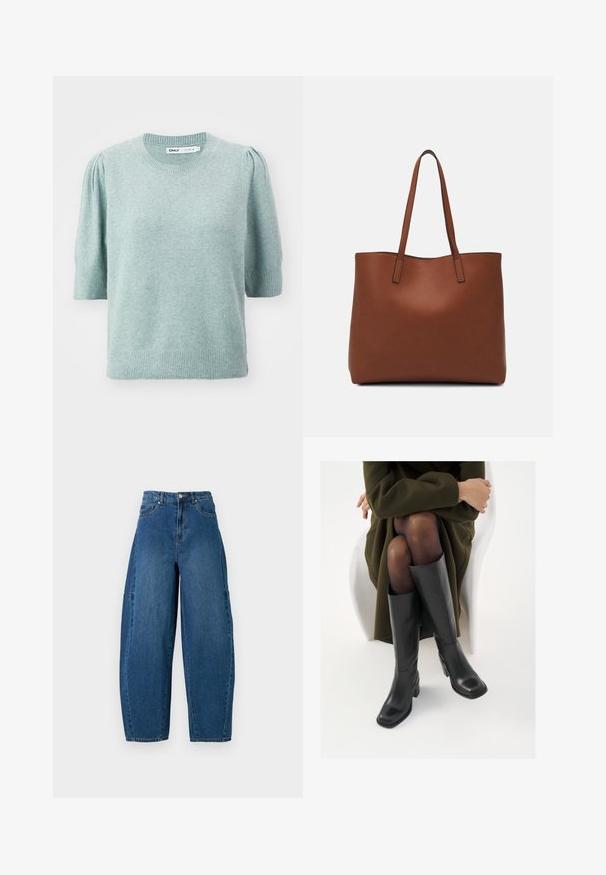 Gai zaļš īsām piedurknēm svetrs, izgatavots no mīksta materiāla, ar apaļu kakla izgriezumu un smalku puffēto plecu dizainu. Ribu aproces un apmale.; Denim bikses vidējā zilā krāsā ar augstu jostasvietu, platām kājām un standarta piecu kabatu dizainu ar redzamām šuvju detaļām.; Ceļgalu augstuma melni ādas zābaki ar kvadrātu purngalu un bloku papēdi, attēloti modelī, kurš sēž olīvu zaļā mētelī. Gluda tekstūra, minimāla apdare.; Brūna ādas iepirkumu soma ar gludu tekstūru, atvērta augšdaļa un divas plecu siksnas. Izceļas ar minimālām šuvēm un redzamu aparatūru nav.