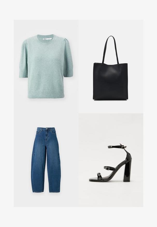 Heled roheline lühikeste varrukatega kampsun, mis on valmistatud pehmest materjalist, ümmarguse kaeluse ja peene puhviga õlgade kujundusega. Ribakujulised mansetid ja alumine äär.; Keskmise sinise tooniga teksad, millel on kõrge talje, lai jalaliik ja standardne viie taskuga disain koos nähtavate õmbluste detailidega.; Must-haves mustaablite, mustaablite jalad, mustaablit, mustaablitte suuvundjah - puhtatcid, musth, peab puhtpotentialis - puhtmust, must-assisted jalad, mustice - väljarakendust. Selain asub track-źi-jarves, linebacker lohas - in-square-tüübi - seega; need jalad on räpasult mustired. Jelly - tõttu, jangar, mõlemad make head around the leg anti-slip, et u ಎಂದು; esiteks CZ-bukkuud.; Mustast nahast kott sujuva tekstuuriga, ristkülikukujuline ja kahe pika sangaga. Pole nähtavat riistvara ega kaunistusi.