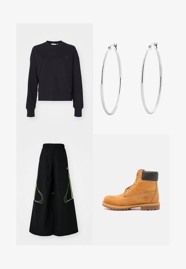 Felpa nera corta con maniche lunghe, colletto a girocollo e polsini a coste. Presenta un piccolo logo nero sul lato sinistro del petto. Texture morbida.; adidas Originals TEAMGEIST - Pantaloni sportivi - black/signal green; Stivale alla caviglia in pelle marrone con imbottitura nera, occhielli dorati e suola texturizzata. Presenta un logo circolare su un lato e dettagli di cucitura.; Orecchini a cerchio in argento con una superficie liscia e lucida e una forma circolare sottile. Il design presenta una chiusura sicura.