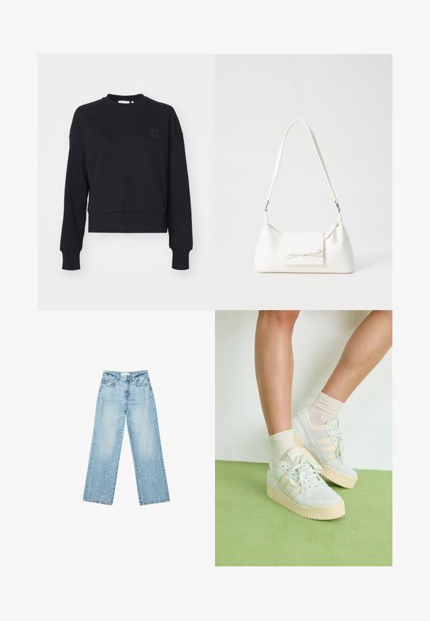 Felpa nera corta con maniche lunghe, colletto a girocollo e polsini a coste. Presenta un piccolo logo nero sul lato sinistro del petto. Texture morbida.; Jeans larghi in denim blu chiaro a vita alta, caratterizzati da un lavaggio sbiadito e da piccoli dettagli strappati sparsi.; Sneaker verde chiaro con superficie testurizzata, caratterizzati da tre strisce bianche, una suola in gomma crema e design con lacci. Indossati con calzettoni chiari.; Borsa sintetica bianca a forma triangolare, con patta anteriore piatta e dettaglio a fiocco, tracolla regolabile, texture liscia e design minimalista.