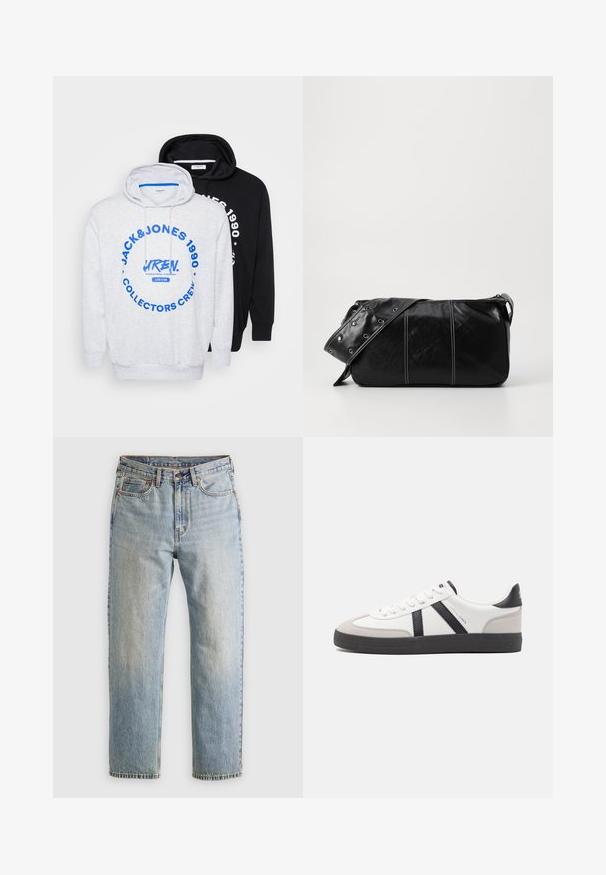 Dve kapuce: ena siva z modrim grafičnim besedilom in velikim krožnim dizajnom, ter ena enobarvno črna, obe s kapuco na vrvico in ribanim robom.; Svetlo modri džins hlače z visokim pasom, sprednjim gumbom, zadrgo in petimi žepi, laid flat na nevtralni podlagi.; Bela športna obutev z črnimi in sivo akcenti, z teksturirano sivo kapico za prste, črnim gumijastim podplatom in ravnimi belimi vezalkami. Čista zasnova, minimalistični slog.; Črna usnjena torba za ramo z zadrgo, ki ima teksturirano telo, belo šivanje in trak s srebrnimi luknjami.