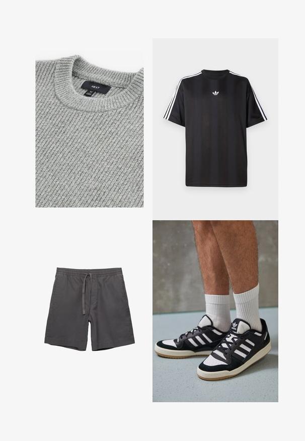 Grijze gebreide trui met een ribbelstructuur, ronde hals en label dat maat Medium aangeeft. De stof lijkt zacht en chunky.; Zwarte t-shirt met korte mouwen, voorzien van een witte drievoudige streep op de schouders en een klein wit logo op de borst. Glad textiel.; Grijze katoenen shorts met een elastische tailleband, verstelbare trekkoord, zijzakken en een ontspannen pasvorm. Soepele textuur en knielange ontwerp.; Zwart-witte sneakers met een bovenwerk van suede en leer, voorzien van drie witte strepen, een geperforeerde neus en een rubberen gumzool.