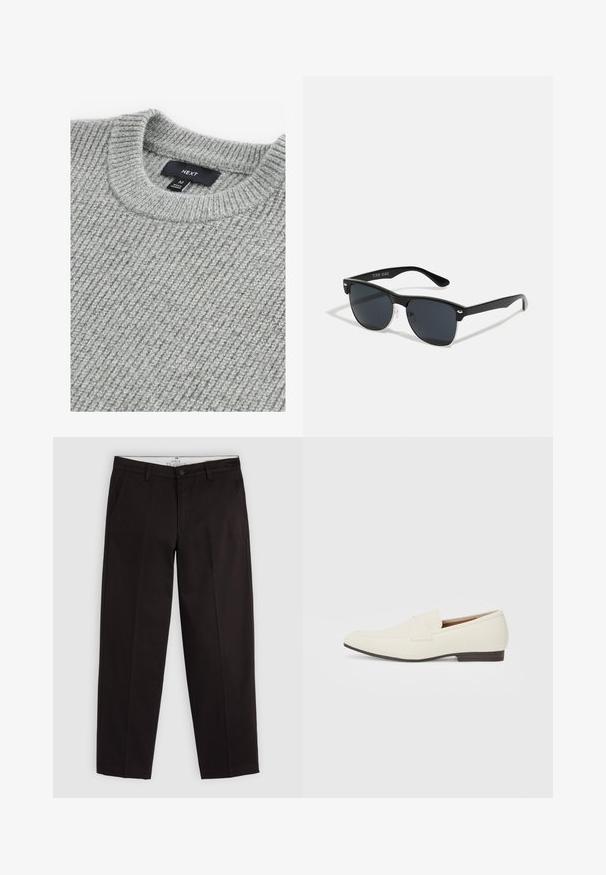 Hallide kootud kampsun, ribitextuuriga, ümmarguse kaelusega ja sildiga, mis näitab suurust Medium. Kangas näeb välja pehme ja jäme.; Mustad sirged põlvpüksid, millel on vöökohad, nööbi sulgemine ja küljetaskud, esitlemine helesinise halli taustal.; Heledadbeez loafers, millelise lõpp, sile materjal, rihm üle vampi ja madal pruun talla. Lihtne disain minimaalse aktsentidega.; Mustad mustmikrooni kujuga mustad prillid, tumedate klaasidega, hõbedased detailid templite juures ja mati viimistlusega raam.