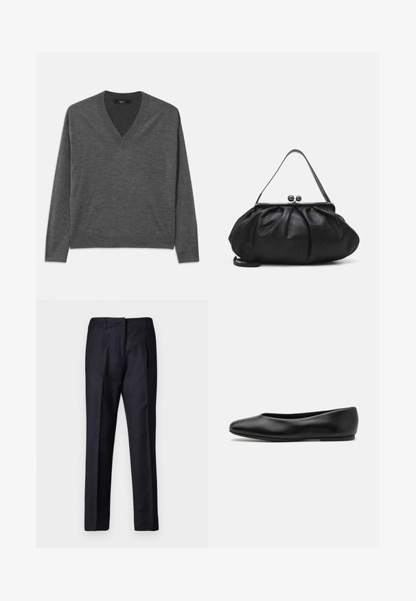 Grauer V-Ausschnitt-Pullover mit langen Ärmeln, aus weichem Material. Verfügt über einen gerippten Saum und Manschetten, gleichmäßige Textur ohne Muster.; Schwarz, langärmliges Turtleneck-Oberteil aus glattem Material, mit einem gerafften Kragen und einer enganliegenden Silhouette mit einfachen Kanten.; Marineblaue, maßgeschneiderte Hosen mit glatter Textur, flachem Frontdesign, doppelten Falten und Gürtelschlaufen. Gerader Schnitt, mit umgeschlagenem Saum.; Paul Smith TOPANGA - Klassischer Ballerina - black; Schwarze Lederhandtasche mit einer runden, gefalteten Form. Verfügt über einen metallischen Verschluss mit zwei dekorativen Kugeln und einem schmalen, abnehmbaren Tragegurt.