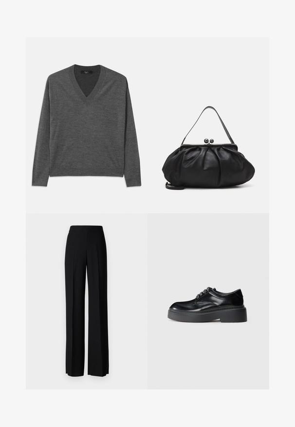 Siva V-izrez pulover z dolgimi rokavi, izdelan iz mehkega materiala. Ima ribane robove in manšete, enotno teksturo brez vzorcev.; Črne široke hlače z gladko teksturo, z visokim pasom in središnjimi pregibi. Brez vidnih vzorcev ali kovinskih detajlov.; Črne usnjene čevlje z zaobljenim nosom, debelim platformnim podplatom in dekorativnim čipkastim detajlom. Gladka tekstura in kontrastno šivanje sta opazna.; Črna usnjena torbica za roke z zaobljeno, naborkano zasnovo. Opremljena je z metalnim zapiralom z dvema dekorativnima kroglicama in tankim, odstranljivim trakom.