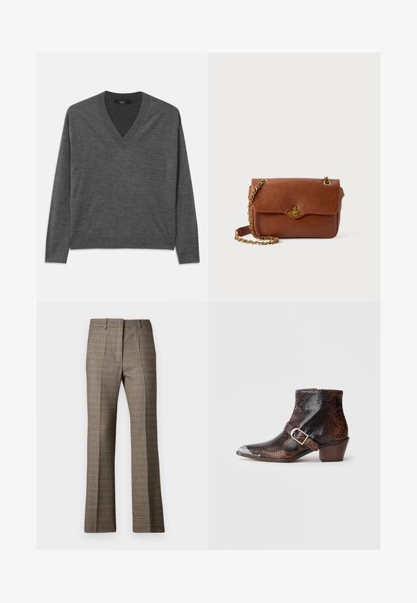 Sweater cinza em V com mangas compridas, feito de material suave. Apresenta uma bainha e punhos canelados, textura uniforme sem padrões.; Calças castanhas em padrão xadrez com corte reto, apresentando um tecido texturizado e cores subtis de bege e castanhos mais escuros ao longo do padrão.; Botas de tornozeleira com padrão de serpente preto e castanho, com biqueira prateada, detalhe de fivela e um salto baixo de madeira. Textura suave, design ajustado.; Bolsa de ombro em couro castanho com fecho em aba, acessórios em dourado e alça de corrente. Textura suave, forma retangular, detalhes mínimos.