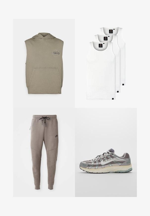 Bezrúškog mikina v olivovo zelenej farbe, s predným klokaním vreckom a vyšívaným logom "Lakers" na hrudi. Mäkká bavlnená zmesová látka.; Tri biele rebrované tielka vyrobené z bavlny. Majú okrúhly výstrih a malé čierne štítky pri leme. Dostupné v rôznych veľkostiach.; Sivé tepláky Nike s nastaviteľným pásom, zúženými nohavicami, bočnými vreckami a výrazným švom. Mäkká, textúrovaná látka.; Šedá športová obuv so zvrškom z nylonu a semišu, bielymi akcentmi, polstrovanou podrážkou a jedinečným dizajnom s reflexnými prvkami.