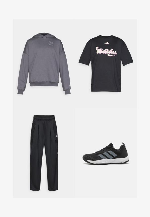 Gray hooded sweatshirt with a loose fit, ribbed cuffs, and hem. Features a printed logo on the chest. Made of soft, stretchy material.; Black cotton t-shirt featuring a large pink and white "Adidas" logo and an adidas three stripes emblem on the chest. Short sleeves.; Black athletic pants with pleats, elastic waistband, and side stripes. Made from smooth fabric, featuring the Adidas logo in white.; Black athletic shoe with light gray stripes, textured mesh upper, black laces, and a white outsole. Features a pull tab on the heel.