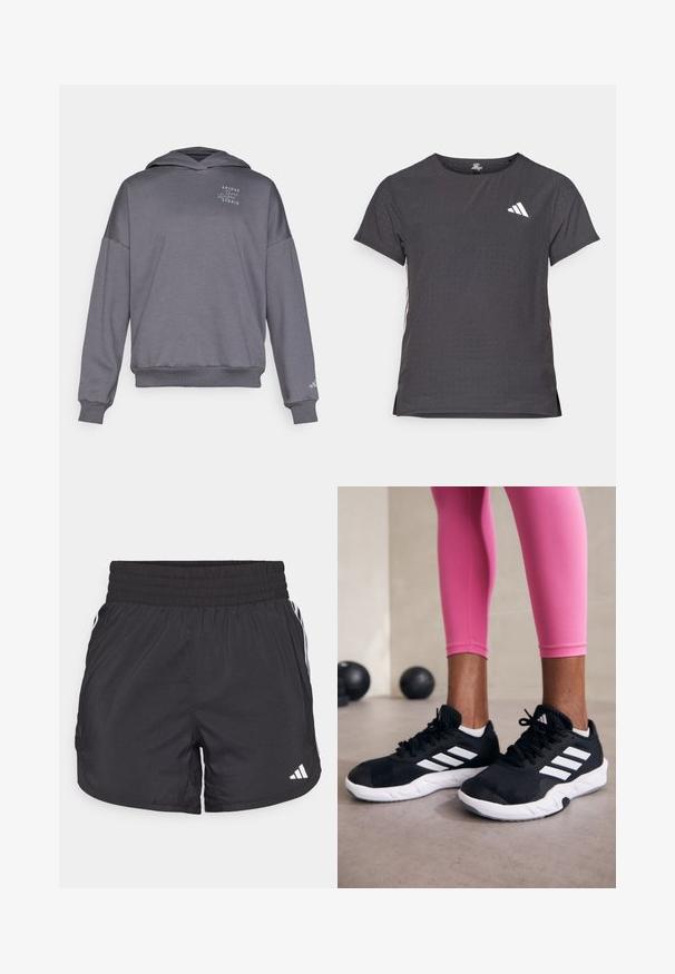 Grå huvtröja med luva och lös passform, ribbstickade mudd och fåll. Har en tryckt logotyp på bröstet. Tillverkad av mjukt, stretchigt material.; Kortärmad atletisk t-shirt, mörkgrå med perforerad textur. Har en vit logotyp och kontrasterande sidostripes. Rundad halsringning.; Svarta träningsshorts med elastisk midja, sidfickor och vita randkonturer på sidorna. Tillverkade av lätt material.; Svarta sportskor med vita ränder, texturerat meshupp, och en vit sula. Bärs med rosa leggings, vilket visar träningskläder.