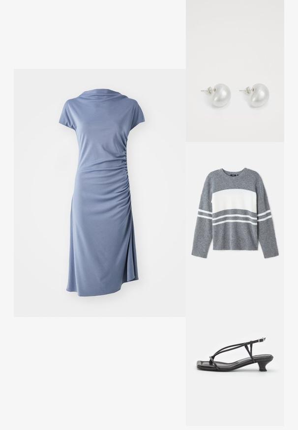 Pulover gri cu o dungă orizontală albă, având manșete cu model dintr-un material texturat răsucit și o guler rotund. Confecționat dintr-un material moale.; Rochie cu mânecă scurtă dintr-un material albastru deschis, cu decolteu în formă de cowl și plisare laterală, având o siluetă lejeră și un tiv până la genunchi.; Sandale negre din piele cu curele subțiri, toc mic pătrat și vârf pătrat. Prezintă o închidere cu cataramă și o textură netedă.; Geantă de mână albă texturată, cu un design strâns, având o curea de lanț aurie. Finisaj neted cu valuri subtile și margini rotunjite.; Cercei din perlă argintie cu o formă curbată, asemănătoare unei boabe. Suprafață netedă și strălucitoare, asigurată cu un sistem de fixare tip tijă și spate.