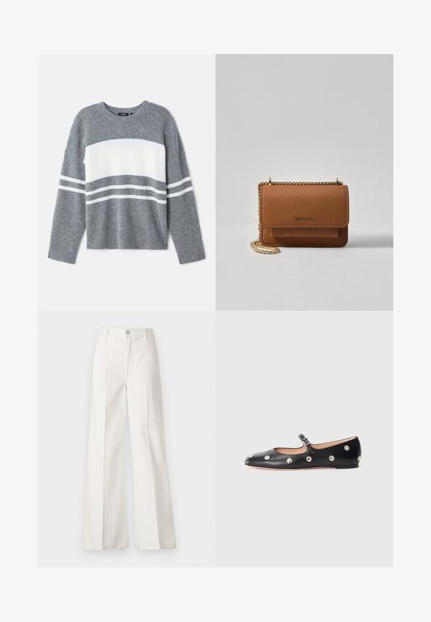 Siv sweater z belo vodoravno črto, ki ima rebraste manšete in okroglo ovratnico. Narejen iz mehkega teksturiranega materiala.; Bele široke hlače iz bombaža z gladko teksturo. Imajo gumb spredaj, zadrgo in zasnovo z štirimi žepi.; Črne usnjene Mary Jane balerinke z zaobljenim noskom, opremljene z zlatimi krožnimi mošnjo in nastavljivim trakom z zaponko.; Rjava teksturirana usnjena torba čez ramo z zlatim verižnim trakom in zapiranjem na pokrov. Spredaj je vidna podrobnost logotipa in žep pod pokrovom.