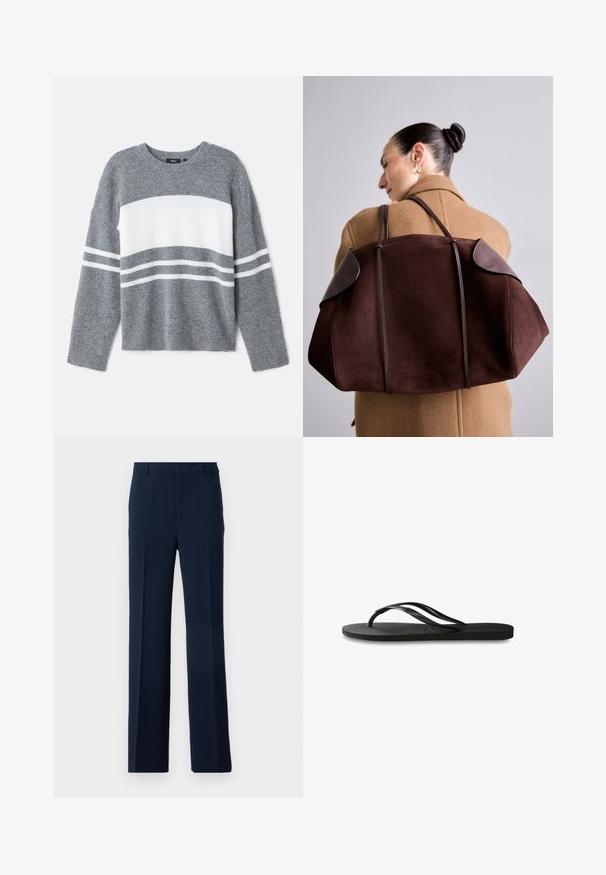 Harmaa villapaita, jossa on valkoinen vaakasuora raita, varustettu ribbikuvioiduilla hihansuilla ja pyöreällä kaula-aukolla. Valmistettu pehmeästä tekstuurimateriaalista.; Navy blue -housut, jotka on valmistettu sileästä kankaasta, suorassa lahjemuotoilussa, jossa on etupielet ja sivutaskut muodikkaan ilmeen luomiseksi.; Mustat flip-flopit, joissa on röpelöinen kumipohja, kaksi hoikkaa remmiä ja hillitty, kohokuvioitu logotyyli remmissä.; Ruskea mokkabagse tummilla nahkaosilla, jossa on rakennettu muoto ja kaksoishihnat, pidetään olkapäällä beigen takin päällä.