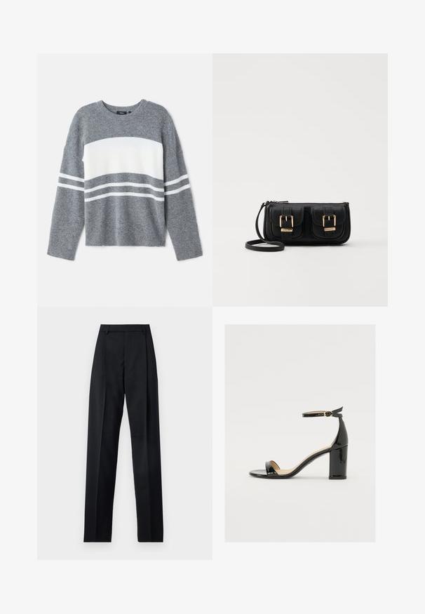 Sivi pulover s bijom horizontalnom prugom, s rebrastim rukavima i okruglim izrezom. Izrađen od mekog teksturiranog materijala.; Crne hlače od glatkog materijala s visokim strukom, širokim nogavicama, prednjim pregibima i klasičnim petljama za remen. Nema vidljivih bočnih džepova.; Crne lakirane sandale s širokim potpeticama, otvorenim prstima i remenom oko gležnja s zlatnom kopčom. Glatka tekstura i elegantan dizajn.; Crna kožna torba preko ramena s dva prednja džepa, zlatnim kopčama, zatvaranjem na zip i uskim remenom. Teksturirana površina i kompaktan pravokutan oblik.
