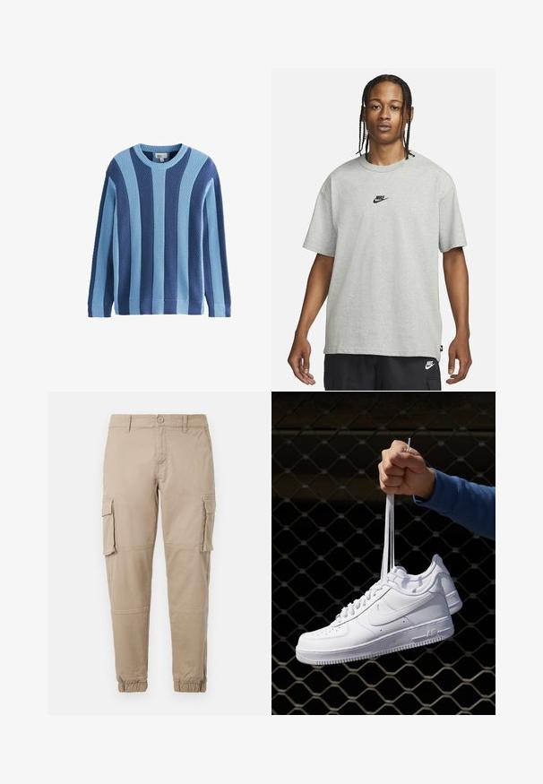 Megztinis su pakaitinėmis tekstūromis šviesiai ir tamsiai mėlynos spalvos, su apvalia apykakle ir raukšlėtais rankogaliais bei apačia.; Jaunas žmogus su pintomis plaukomis, vilkintis šviesiai pilką Nike marškinėlį ir juodus Nike šortus, priešais vientisą baltą foną.; Bežiniai cargo kelnės iš lengvos medvilnės. Su elastingais užtrauktukais, keliais šoniniais kišenėmis ir mygtukų uždarymu.; Balti odiniai sportiniai bateliai su perforacijomis, apvalia nosimi, plokščiu padu ir storomis raištelėmis, su matomu swoosh logotipu ir "AIR" ant kulno.