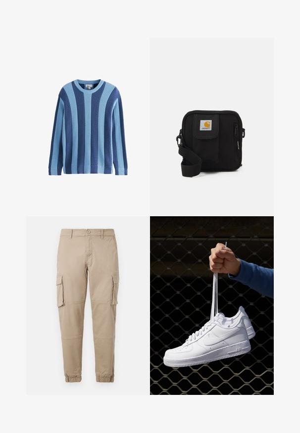 Knitted sweater featuring alternating textures in light and dark blue, with a round neckline and ribbed cuffs and hem.; Beige cargo pants in a lightweight cotton material. Features elastic cuffs, multiple side pockets, and a button closure.; White leather sneakers with perforations, round toe, flat sole, and thick laces, featuring a visible swoosh logo and "AIR" on the heel.; Black crossbody bag with a zippered main compartment, front pocket, adjustable strap, and a visible logo patch on the flap.