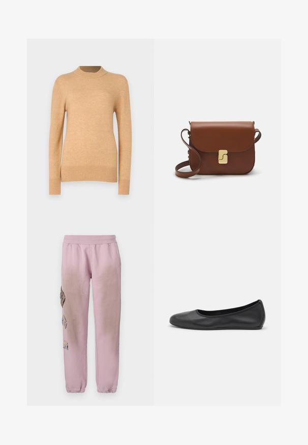 Beiger Strickpullover mit langen Ärmeln und einem hohen, gerippten Kragen. Verfügt über gerippte Bündchen und einen Saum, glatte Textur und eine taillierte Passform.; Weißes kurzärmliges T-Shirt aus geripptem Stoff. Runder Halsausschnitt, normale Passform und dezente Nähte. Keine Muster oder Grafiken.; Rosa Sweatpants mit elastischem Bund, verziert mit dekorativen Patches in Diamantform auf der linken Seite und elastischen Bündchen an den Knöcheln.; Schwarze Leder-Ballettschuhe mit abgerundeter Spitze, glatter Textur, minimalen Nähdetails und einem flexiblen Sohlen-Design.; Braune Ledertasche mit Klappenverschluss, Beschlägen in Goldfarbe, einem Schultergurt und einer glatten Oberfläche. Kompakte rechteckige Form.