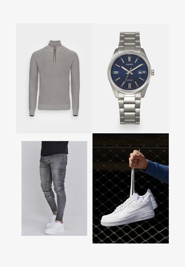 Grauer Strickpullover mit hohem Kragen und halbem Reißverschluss. Verfügt über ein strukturiertes Muster sowie gerippte Bündchen und Saum für einen figurbetonten Look.; Schlanke Jeans aus ausgebleichtem grauem Denim, mit abgenutzten Details an den Knien, kombiniert mit weißen Sneakers. Glatte Textur, schlanker Schnitt.; Weiße Leder-Sneaker mit Perforationen, runder Zehenpartie, flacher Sohle und dicken Schnürsenkeln, mit sichtbar eingesticktem Swoosh-Logo und "AIR" an der Ferse.; Silberner Armbanduhr aus Edelstahl mit einem dunkelblauen Zifferblatt, metallischen Stundenmarkierungen und einem Datumsfenster bei 3 Uhr. Wasserdicht bis 50 Meter.